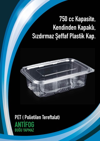 750 cc - 750 gr Sızdırmaz Kap Kendinden Kapaklı 100 Adet PET ( Polietilen Tereftalat)