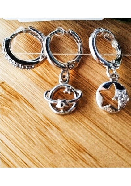 Gümüş Renk Lüks Gösterişli Figürlü Üçlü Küpe