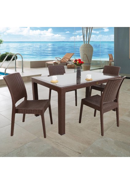 Elit Rattan 90x150 4 kişilik Elit Sandalye Camlı Masa Takımı Kahverengi fiyatları