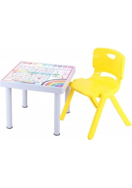 Plastik Mandella Rubi Türkçe Desenli Çocuk Masası 1 Adet Nova Büyük Çocuk Koltuk Sarı