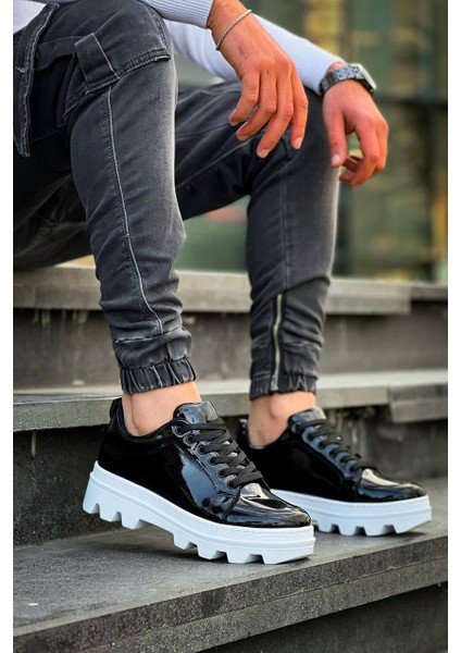 J056 Bağcıklı Ortopedik Taban Günlük Rugan Erkek Spor Sneaker Ayakkabı Bt Siyah