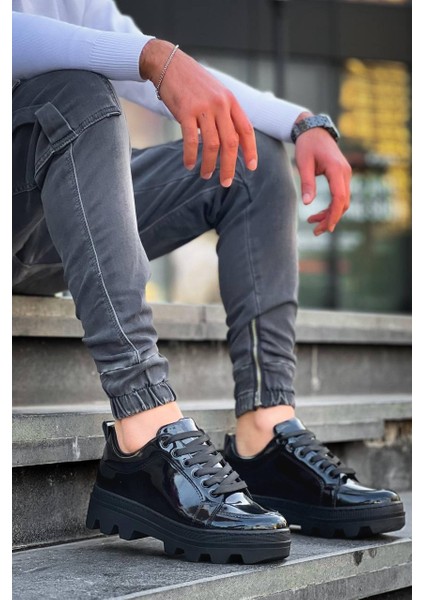 J056 Bağcıklı Ortopedik Taban Günlük Rugan Erkek Spor Sneaker Ayakkabı St Siyah