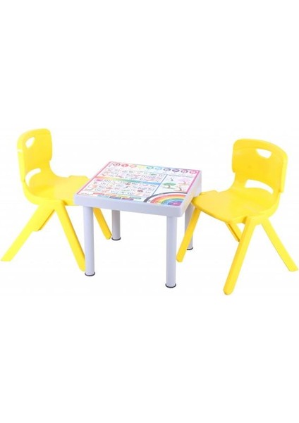 Plastik Mandella Rubi İngilizce Desenli Çocuk Masası 2 Adet Nova Büyük Çocuk Koltuk Sarı