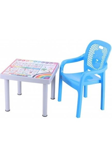 Plastik Mandella Rubi İngilizce Desenli Çocuk Masası 1 Adet Rubi Çocuk Koltuk Mavi