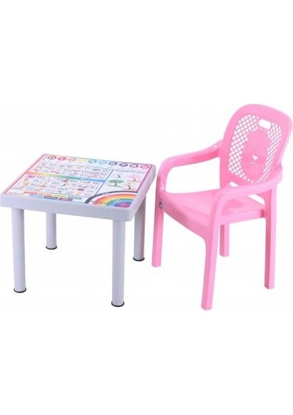 Plastik Mandella Rubi İngilizce Desenli Çocuk Masası 1 Adet Rubi Çocuk Koltuk Pembe