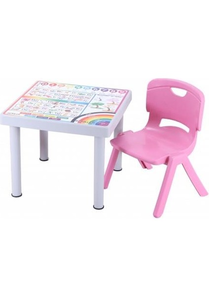 Plastik Mandella Rubi Türkçe Desenli Çocuk Masası 1 Adet Nova Orta Çocuk Koltuk Pembe