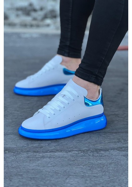 J095 Bağcıklı Ortopedik Taban Erkek Sneaker Günlük Ayakkabı mt Beyaz/mavi