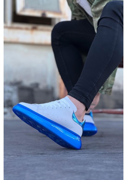 J095 Bağcıklı Ortopedik Taban Erkek Sneaker Günlük Ayakkabı mt Beyaz/mavi modelleri