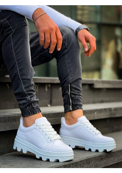 J056 Bağcıklı Ortopedik Taban Günlük Cilt Erkek Spor Sneaker Ayakkabı Bt Beyaz