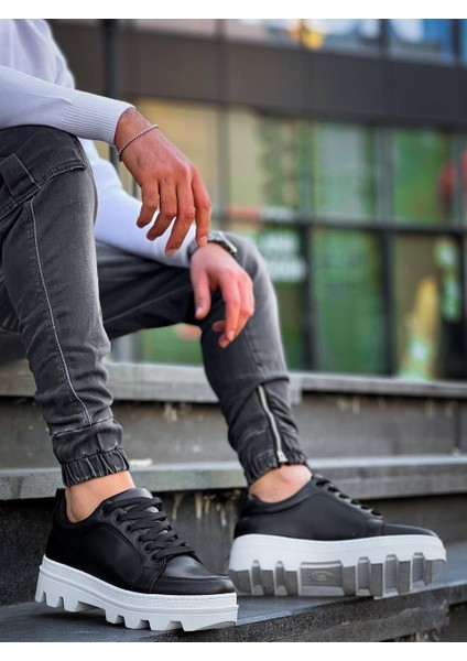 J056 Bağcıklı Ortopedik Taban Günlük Cilt Erkek Spor Sneaker Ayakkabı Bt Siyah