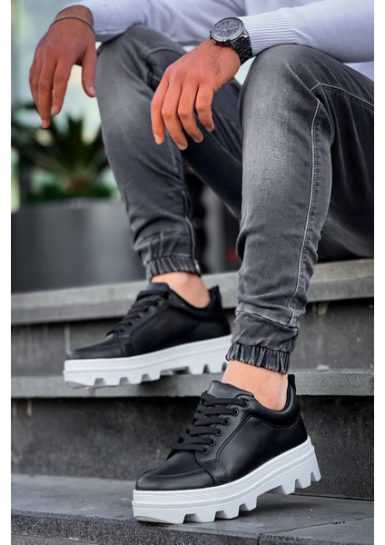 J056 Bağcıklı Ortopedik Taban Günlük Cilt Erkek Spor Sneaker Ayakkabı Bt Siyah fiyatları