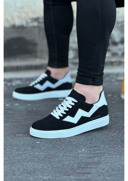 J160 Bağcıklı Ortopedik Taban Süet Erkek Sneaker Günlük Ayakkabı Bt Siyah/beyaz