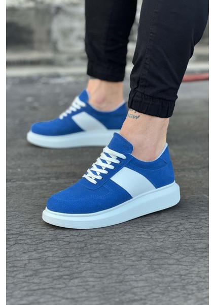 J011 Bağcıklı Ortopedik Taban Süet Erkek Sneaker Günlük Ayakkabı Bt Mavi/beyaz