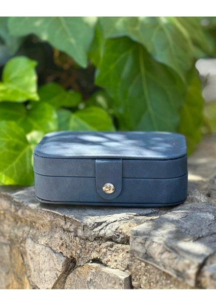 Mavi Seyahat Boy Takı Organizer Kutusu, Bölmeli Yüzük, Küpe, Kolye, Bileklik Saklama