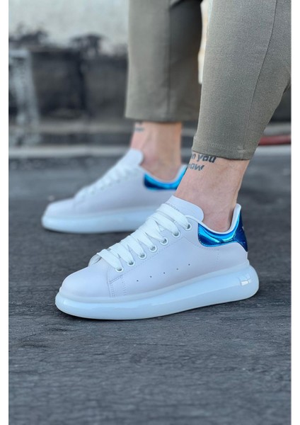 J095 Bağcıklı Ortopedik Taban Erkek Sneaker Günlük Ayakkabı Bt Beyaz/mavi