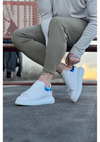 J095 Bağcıklı Ortopedik Taban Erkek Sneaker Günlük Ayakkabı Bt Beyaz/mavi modelleri