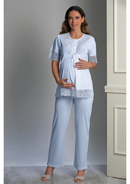 Mavi Özel Tasarım Hamile ve Lohusa Pijama Takım 3'lü Set - 2xl fiyatları