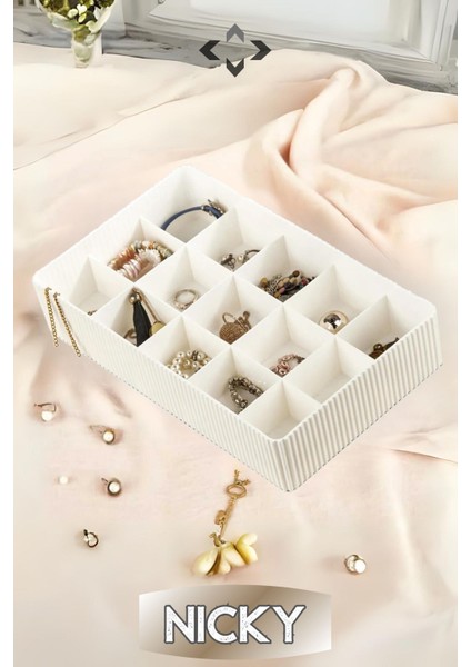 15 Bölmeli Çekmece Içi Organizer, Düzenleyici ve Takı Kutusu, Beyaz