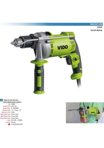 1050W Elektrikli Darbeli Matkap, 13MM Kilitli Mandren, Güçlü ve Kullanışlı Tool
