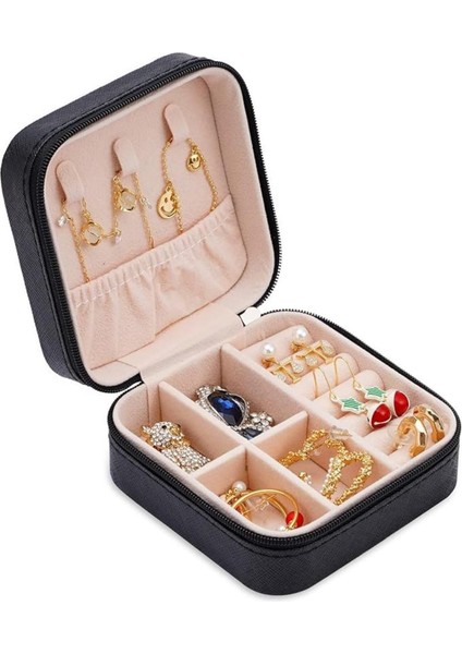 Şık Siyah Takı Kutusu, Kolye, Yüzük ve Küpe Organizeri, Mini Seyahat Çantası