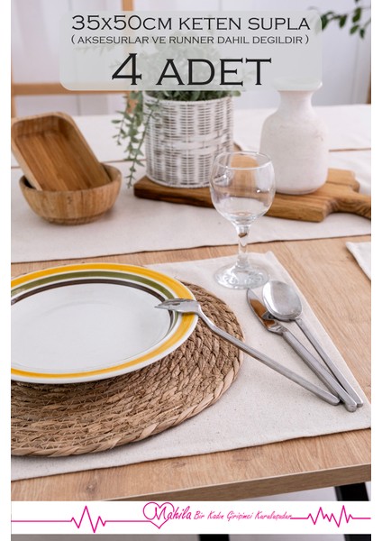 4 Adet %100 Ham Keten Peçete 35X50 Cm, Amerikan Sunum Peçetesi, Organik Keten