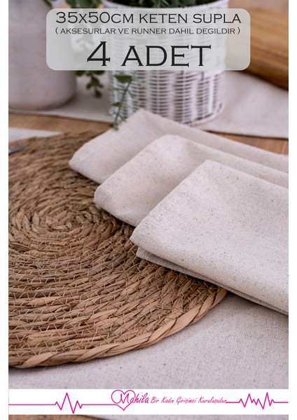 4 Adet %100 Ham Keten Peçete 35X50 Cm, Amerikan Sunum Peçetesi, Organik Keten modelleri