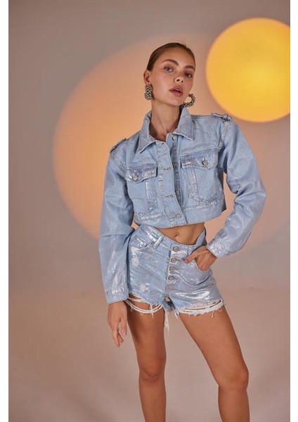 Glossy Jean Ceket Mavi