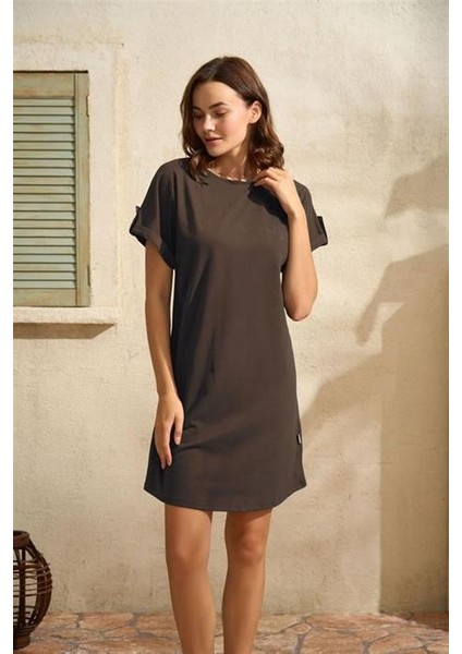 Günlük Kısa Kol Bisiklet Yaka Cotton Düz Yazlık Kısa Kahve Pijama Takımı