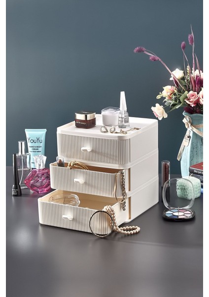 3 Katlı Ekru Düzenleyici, Makyaj, Takı ve Aksesuar Organizatörü
