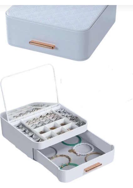 Beyaz Çok Bölmeli Aynalı Takı ve Makyaj Organizeri Katlanabilir
