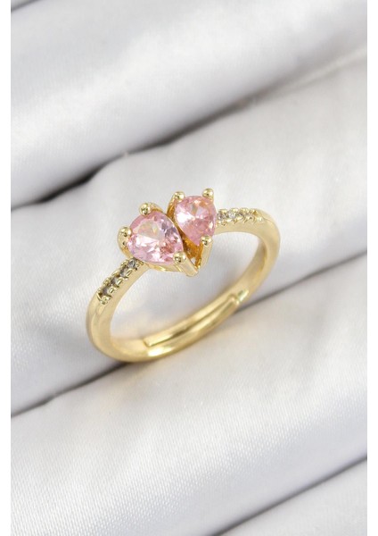 Pirinç Zirkon Taşlı Pembe Kalp Model Gold Renk Kadın Yüzük