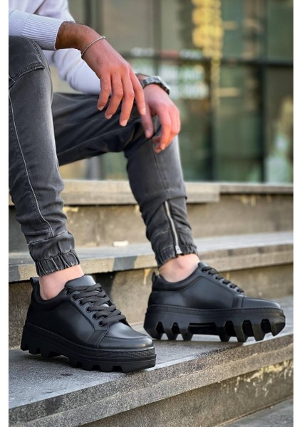J056 Bağcıklı Ortopedik Taban Günlük Cilt Erkek Spor Sneaker Ayakkabı St Siyah