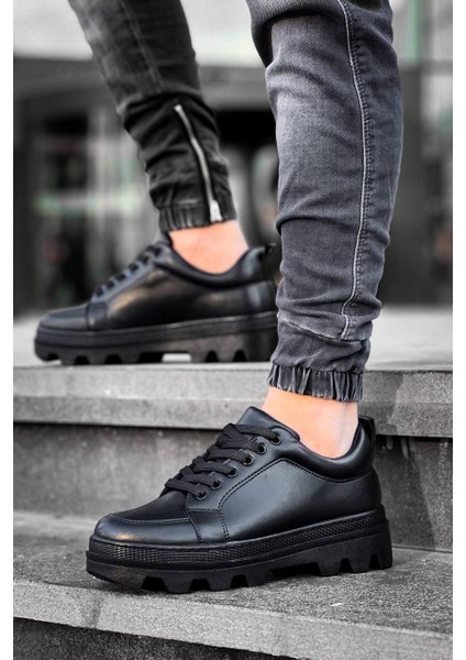 J056 Bağcıklı Ortopedik Taban Günlük Cilt Erkek Spor Sneaker Ayakkabı St Siyah fiyatları