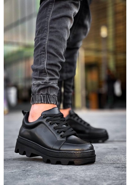 J056 Bağcıklı Ortopedik Taban Günlük Cilt Erkek Spor Sneaker Ayakkabı St Siyah modelleri