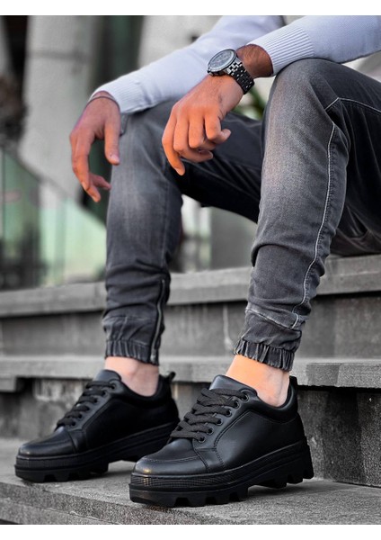 J056 Bağcıklı Ortopedik Taban Günlük Cilt Erkek Spor Sneaker Ayakkabı St Siyah fırsatları