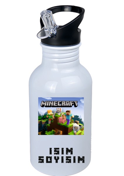 Minecraft Kopçalı Pipetli Matara-Suluk Kişiye Özel