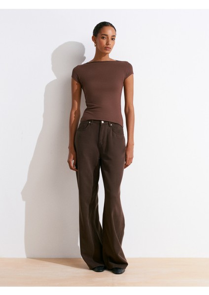 31855 Kayık Yaka T-Shirt-Açık Kahve indirimleri