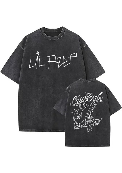 Rapçi Lil Peep Crybaby Müzik Albümü T-Shirts Erkek Kadınlar Vintage Yıkanmış Pamuklu Tişört Yaz O Yaka Kısa Kollu Tees Sokak Giyim Renk: Siyah T-F2143-./SIZE:S (Yurt Dışından)