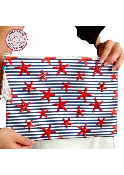 2454 El Yapımı Deniz Yıldızlı Boncuk Işlemeli Çizgili Model Clutch Çanta