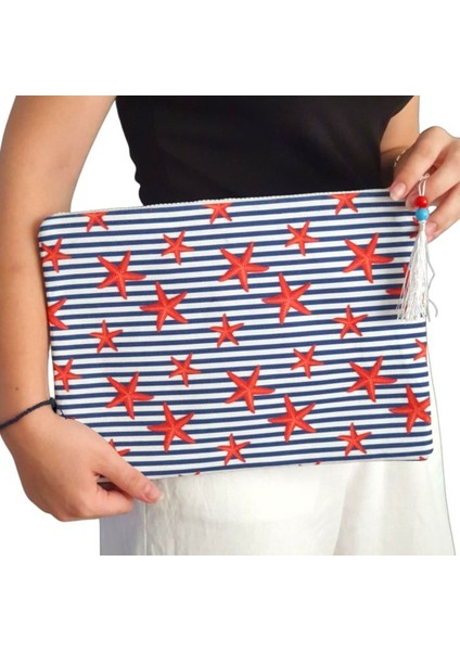2454 El Yapımı Deniz Yıldızlı Boncuk Işlemeli Çizgili Model Clutch Çanta