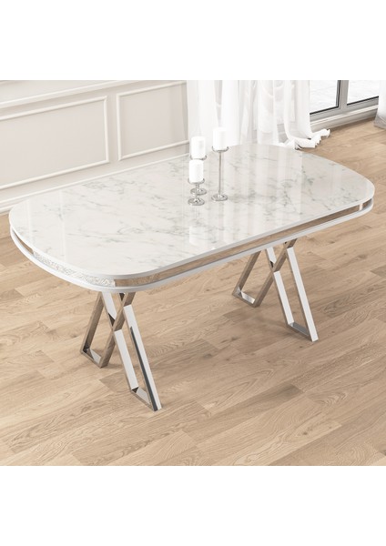 Lai Serisi 90X168 Lak Panel Beyaz Mermer Desen Masa ve 4 Krem Sandalye Krom Ayak fiyatları