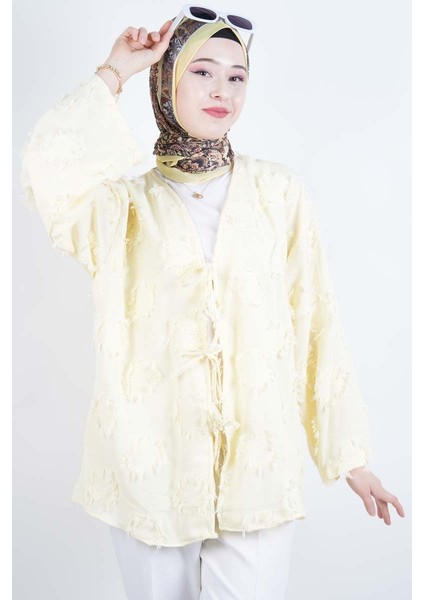 Tesettür Ceket Püskül Jakarlı Önden Bağlamalı Kimono Ceket Sarı