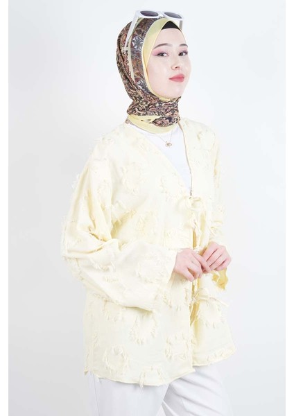 Tesettür Ceket Püskül Jakarlı Önden Bağlamalı Kimono Ceket Sarı modelleri