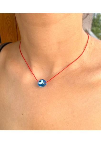 Cam Nazar Boncuklu Kırmızı Ip Kolye