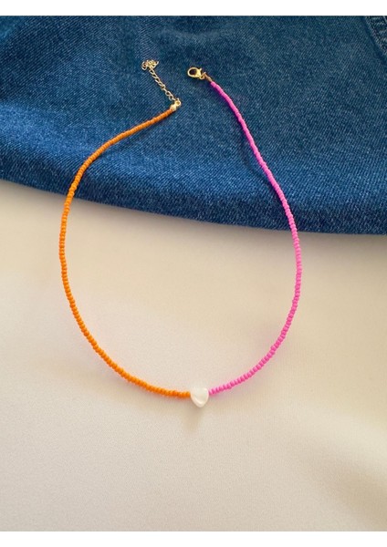 Turuncu Pembe Sedef Kalp Boncuk Kolye