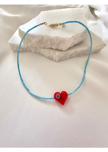 Kırmızı Nazar Boncuklu Kalp Mavi Boncuk Kolye