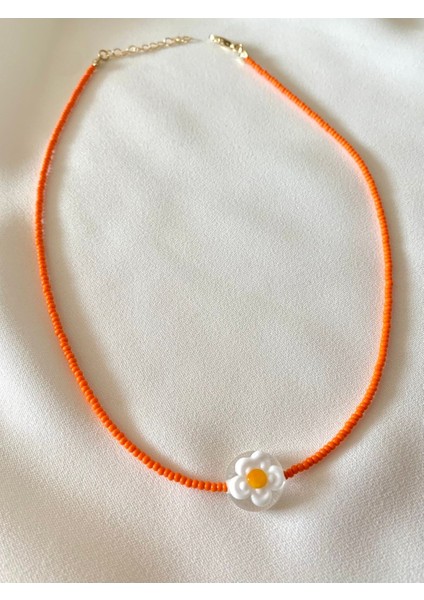 Murano Cam Boncuklu Papatya Kolye (Turuncu)