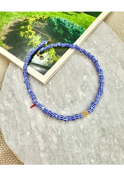 Cam Mavi Cizgili Fil Kolye