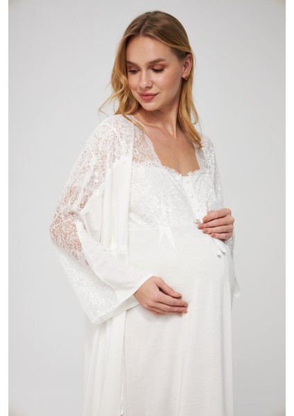 Ekru Özel Gecelik Sabahlık Dantelli Düğmeli Kısa Kollu Esnek Kumaşlı Hamile ve Lohusa Pijama Takımı