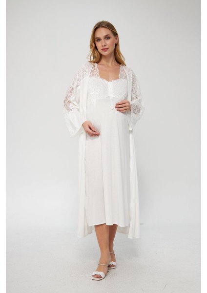 Ekru Özel Gecelik Sabahlık Dantelli Düğmeli Kısa Kollu Esnek Kumaşlı Hamile ve Lohusa Pijama Takımı fiyatları